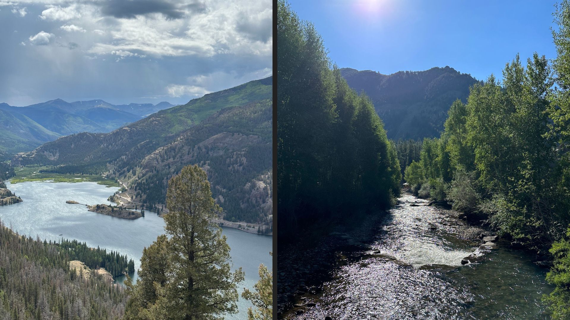 Left image: a landscape view from high up in a mountain, overlooking a lake surrounded by mountains. Right image: a river surrounded by trees on a sunny day